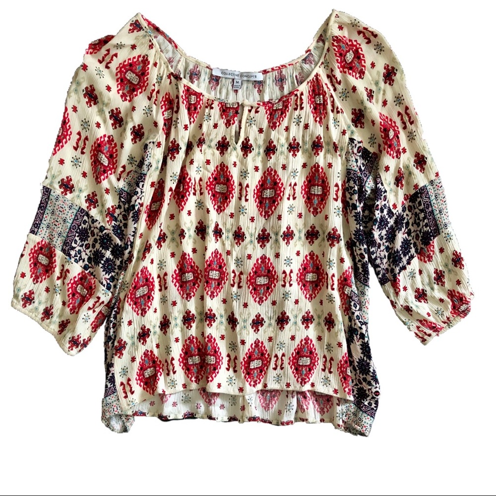Peasant-Style Print Half Sleeve Top, Size M
